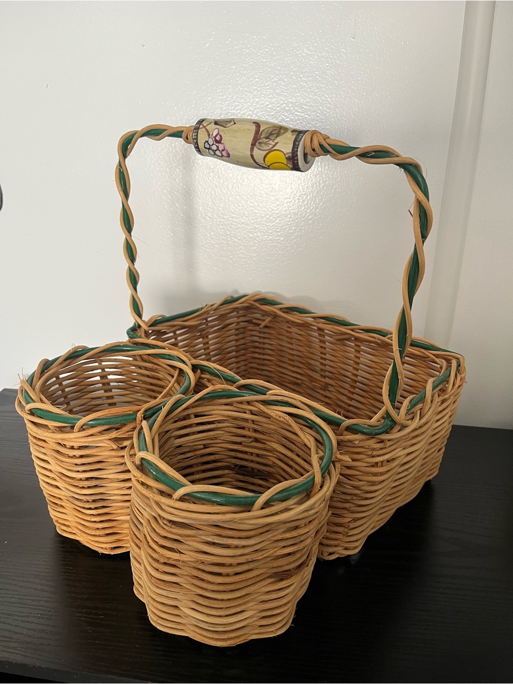 Woven Rattan Organizer Basket with Green Trim